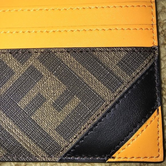 FENDI 'FF Logo w/ Orange Detail' Authentic Men's Canvas/Leather Card Holder NWT! - Picture 8 of 15